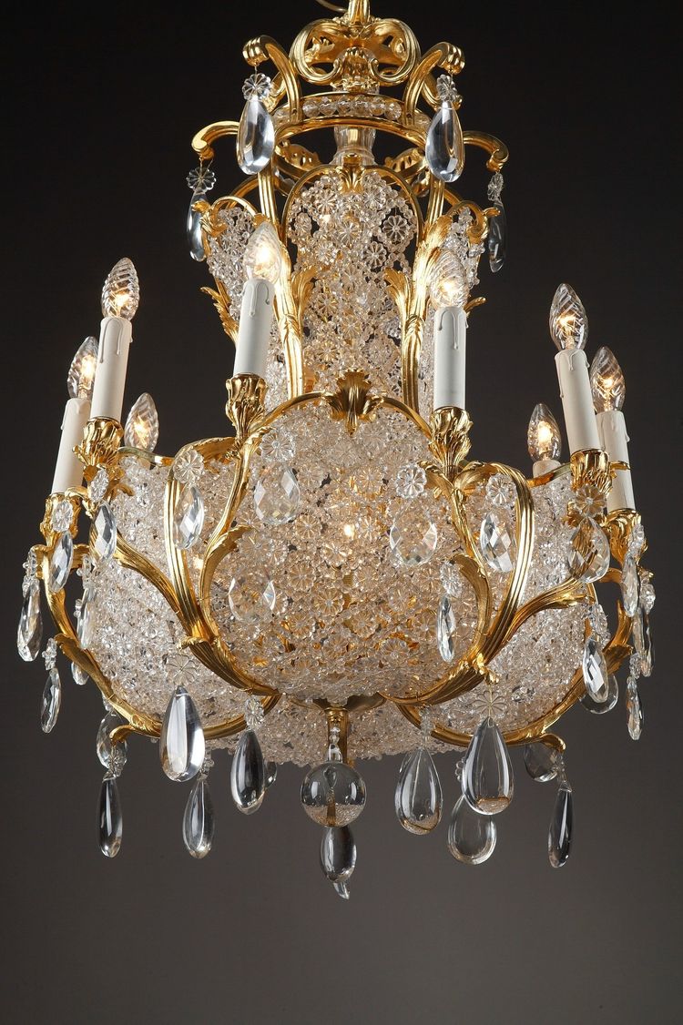 Lampadario a cestello in cristallo e ormeggio, fine XIX secolo