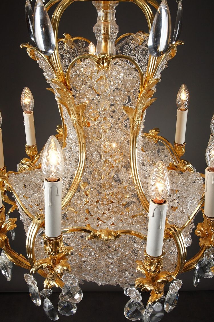 Lampadario a cestello in cristallo e ormeggio, fine XIX secolo
