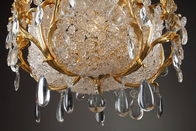 Lampadario a cestello in cristallo e ormeggio, fine XIX secolo