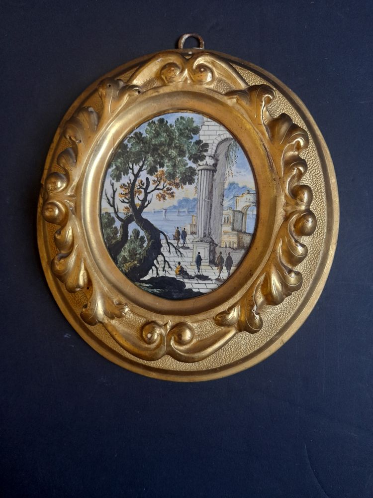 Castelli 18th century two oval earthenware animated landscapes