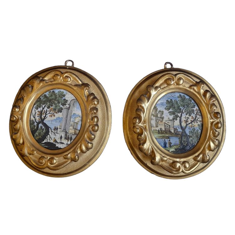 Castelli 18th century two oval earthenware animated landscapes