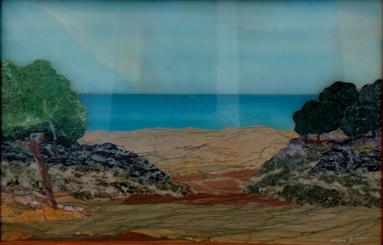 MARMOR- ODER HARTSTEIN-INTARSIEN - GIULIANO TACCONI - ITALIEN 19. JAHRHUNDERT - MEERESLANDSCHAFT