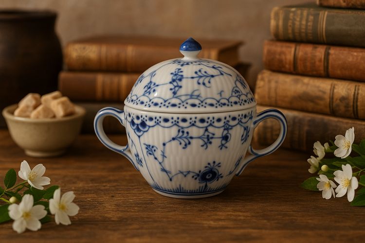 Sucrier en porcelaine de Royal Copenhagen – Modèle Blue Fluted Half Lace, peint à la main