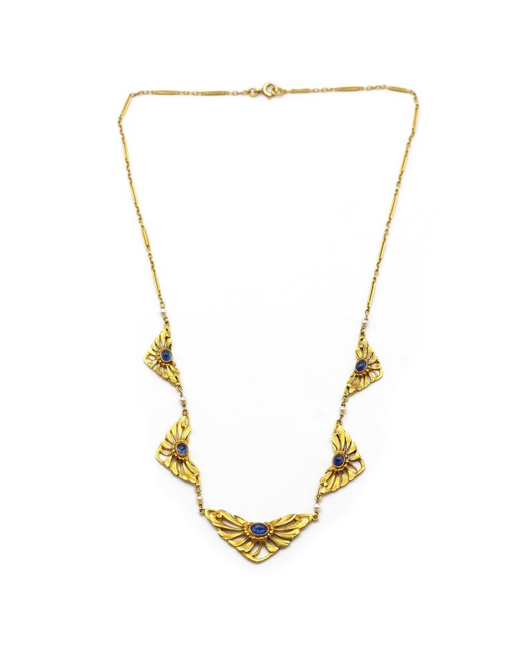 Collana Art Nouveau in oro 18 carati con zaffiri, collana con drappeggio, zaffiri Verneuil, gioielli Art Nouveau, fiore