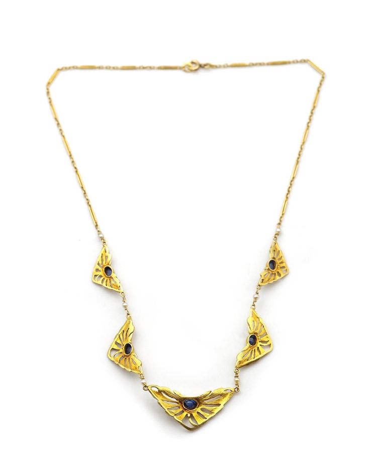 Collana Art Nouveau in oro 18 carati con zaffiri, collana con drappeggio, zaffiri Verneuil, gioielli Art Nouveau, fiore