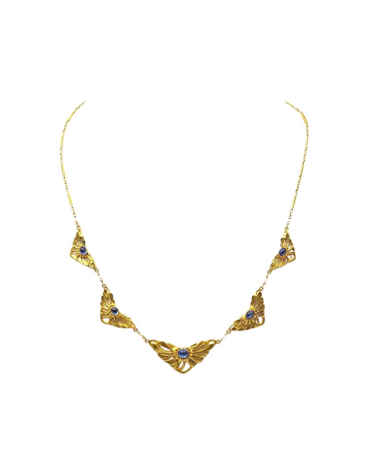 Collana Art Nouveau in oro 18 carati con zaffiri, collana con drappeggio, zaffiri Verneuil, gioielli Art Nouveau, fiore
