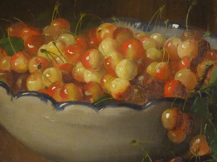 Arthur Alfred Brunel de Neuville (1852-1941) Dipinto antico Natura morta con ciliegie
