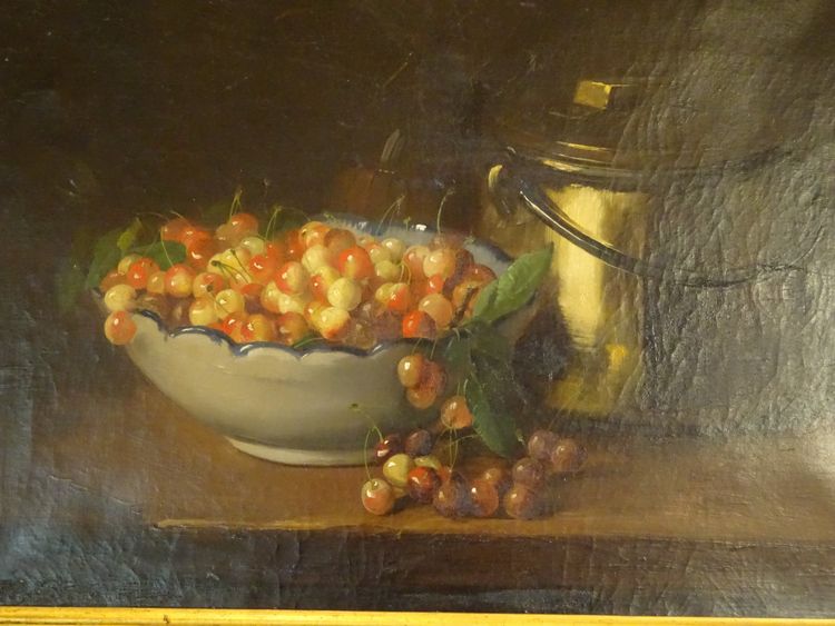 Arthur Alfred Brunel de Neuville (1852-1941) Dipinto antico Natura morta con ciliegie