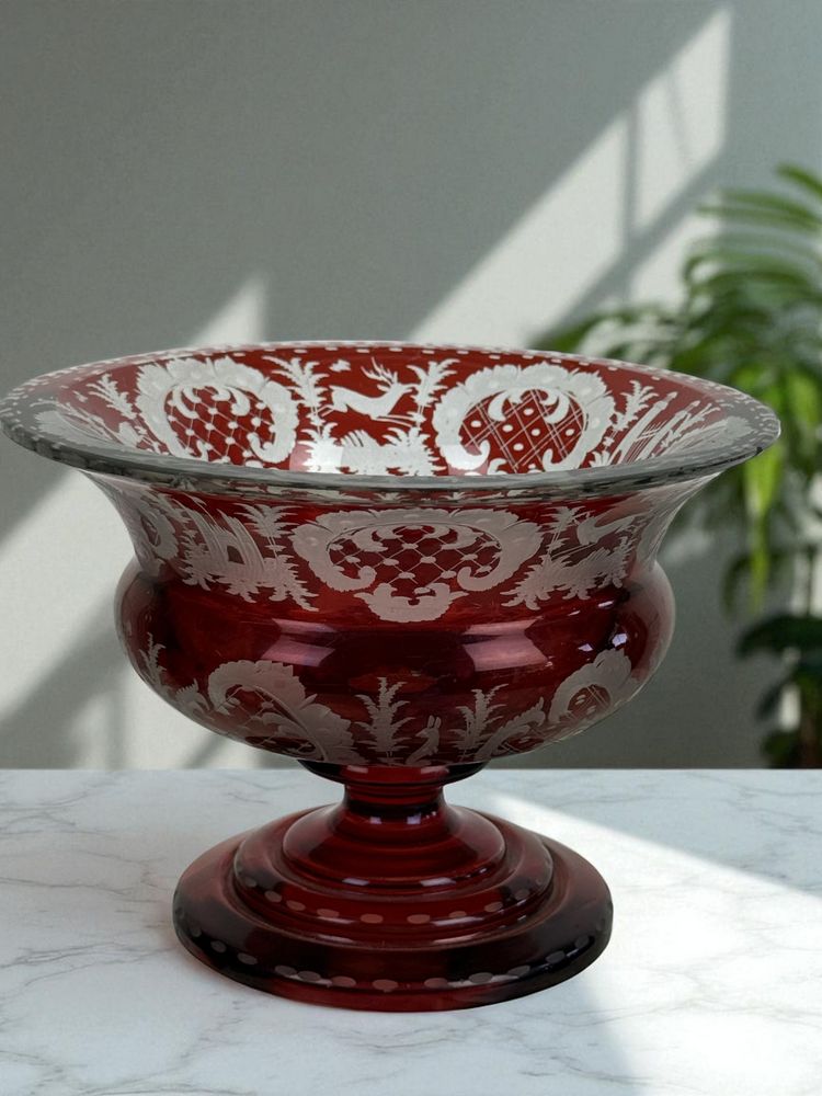 20th CENTURY ROUND CUP IN RED BOHEME CRYSTAL WITH DECORATION OF DEER AND FIREWORKS