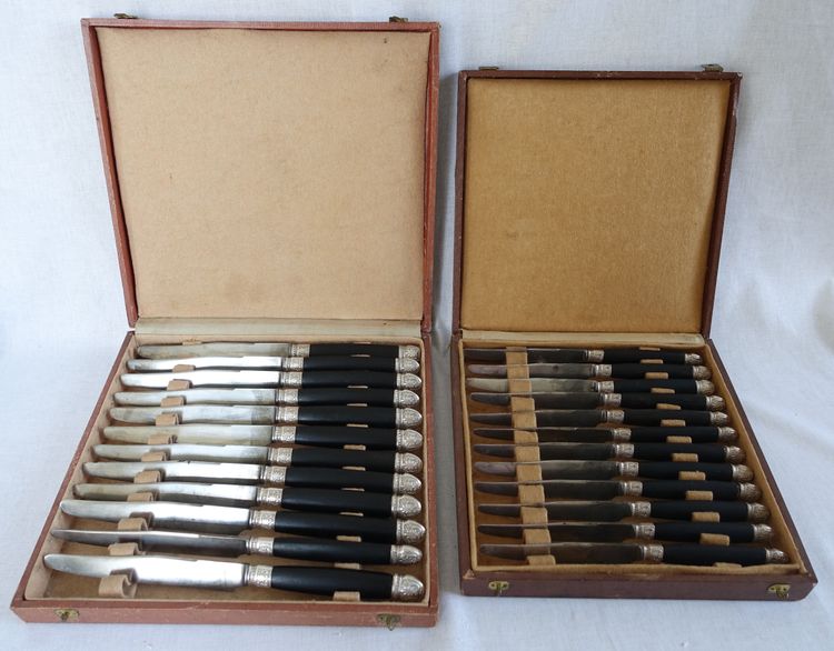 Empire style cabinet of ebony knives, solid silver ferrules and bases - 24 pieces