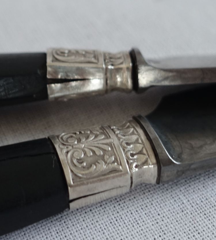Empire style cabinet of ebony knives, solid silver ferrules and bases - 24 pieces