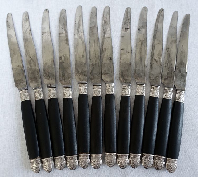 Empire style cabinet of ebony knives, solid silver ferrules and bases - 24 pieces