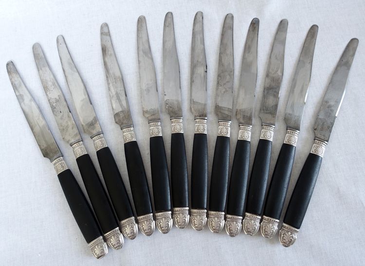 Empire style cabinet of ebony knives, solid silver ferrules and bases - 24 pieces