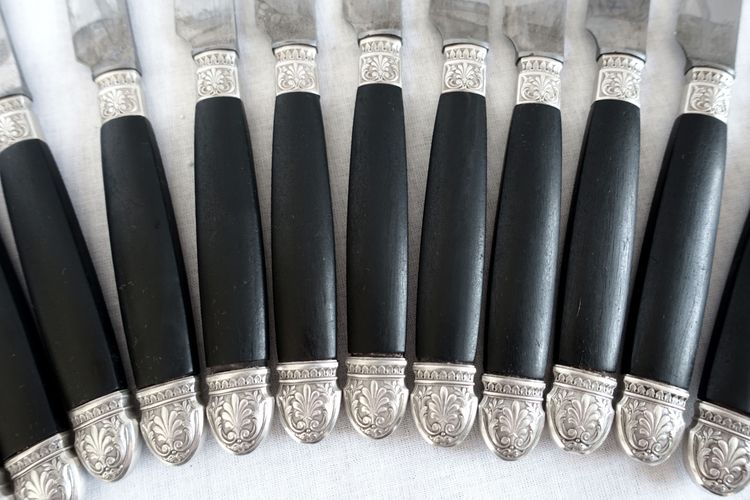 Empire style cabinet of ebony knives, solid silver ferrules and bases - 24 pieces