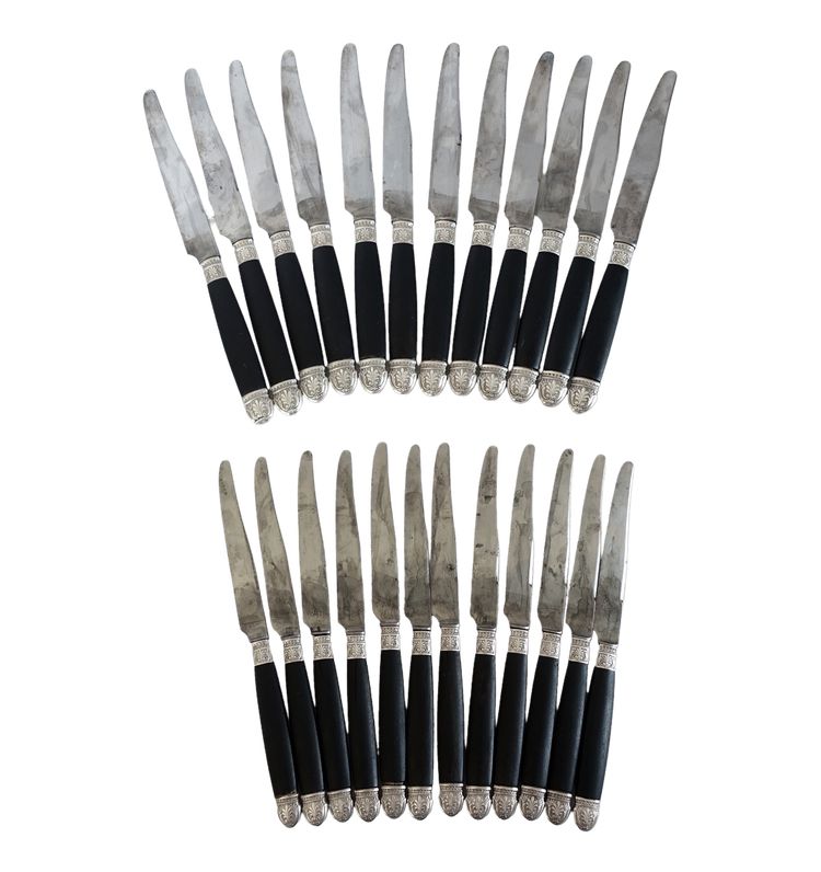 Empire style cabinet of ebony knives, solid silver ferrules and bases - 24 pieces