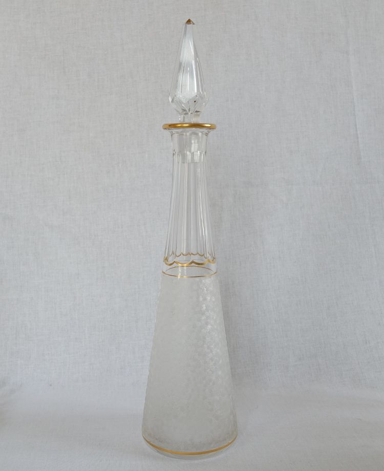 Saint Louis crystal liqueur service with frosted and gilded effect: decanters, glasses and tray