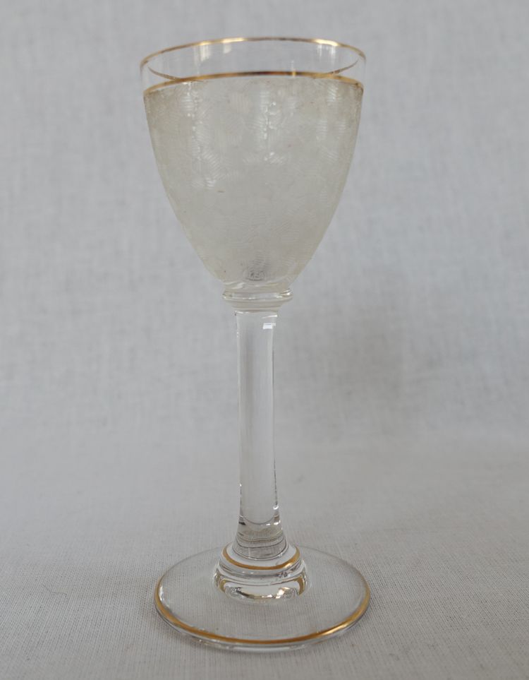 Saint Louis crystal liqueur service with frosted and gilded effect: decanters, glasses and tray