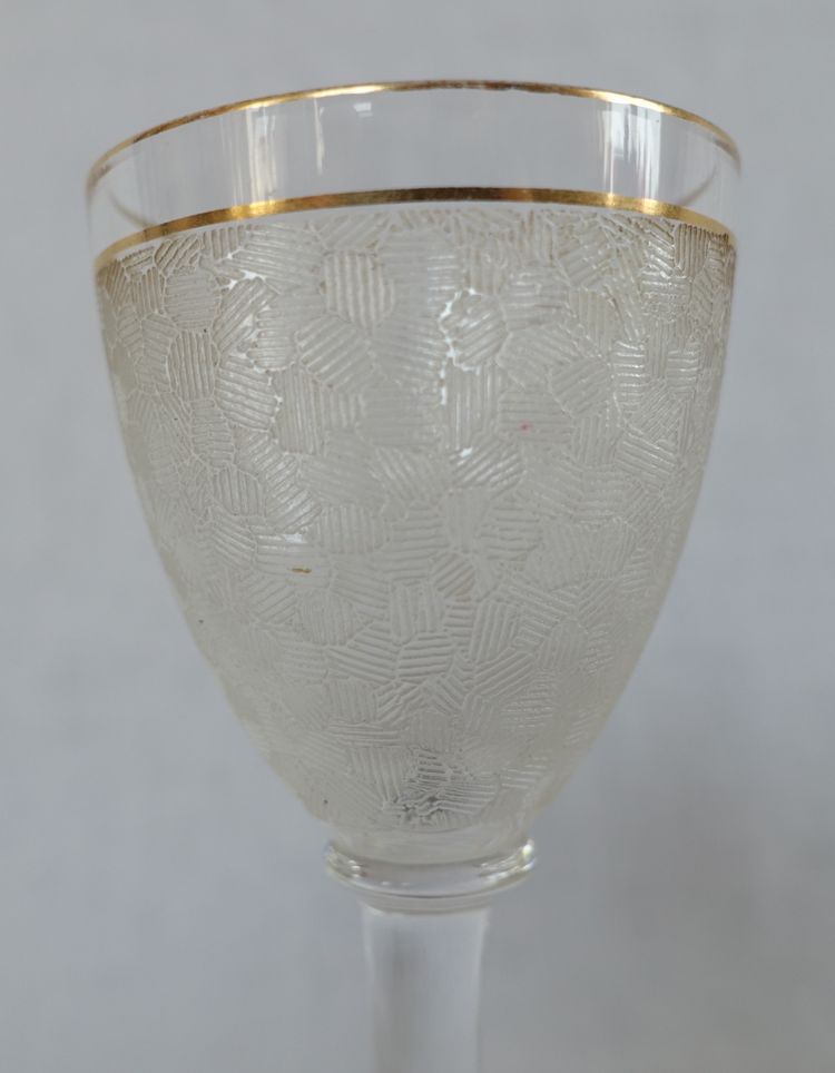 Saint Louis crystal liqueur service with frosted and gilded effect: decanters, glasses and tray