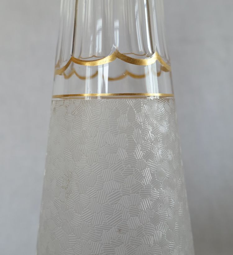 Saint Louis crystal liqueur service with frosted and gilded effect: decanters, glasses and tray