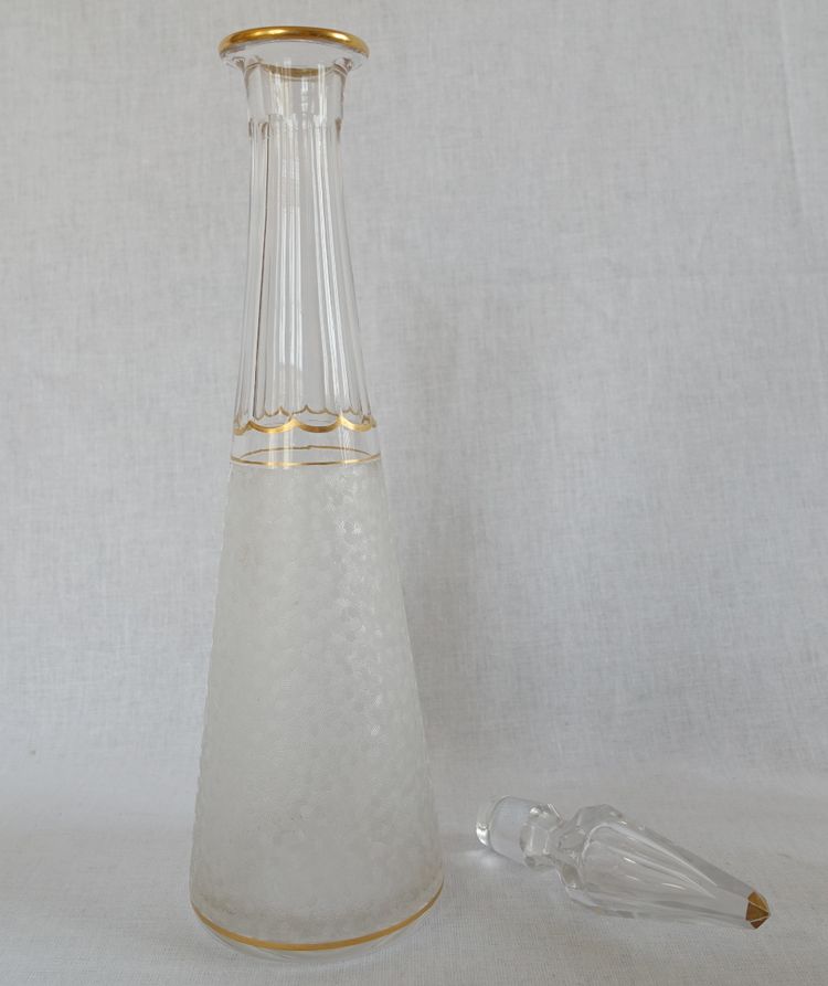Saint Louis crystal liqueur service with frosted and gilded effect: decanters, glasses and tray