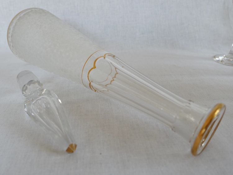 Saint Louis crystal liqueur service with frosted and gilded effect: decanters, glasses and tray
