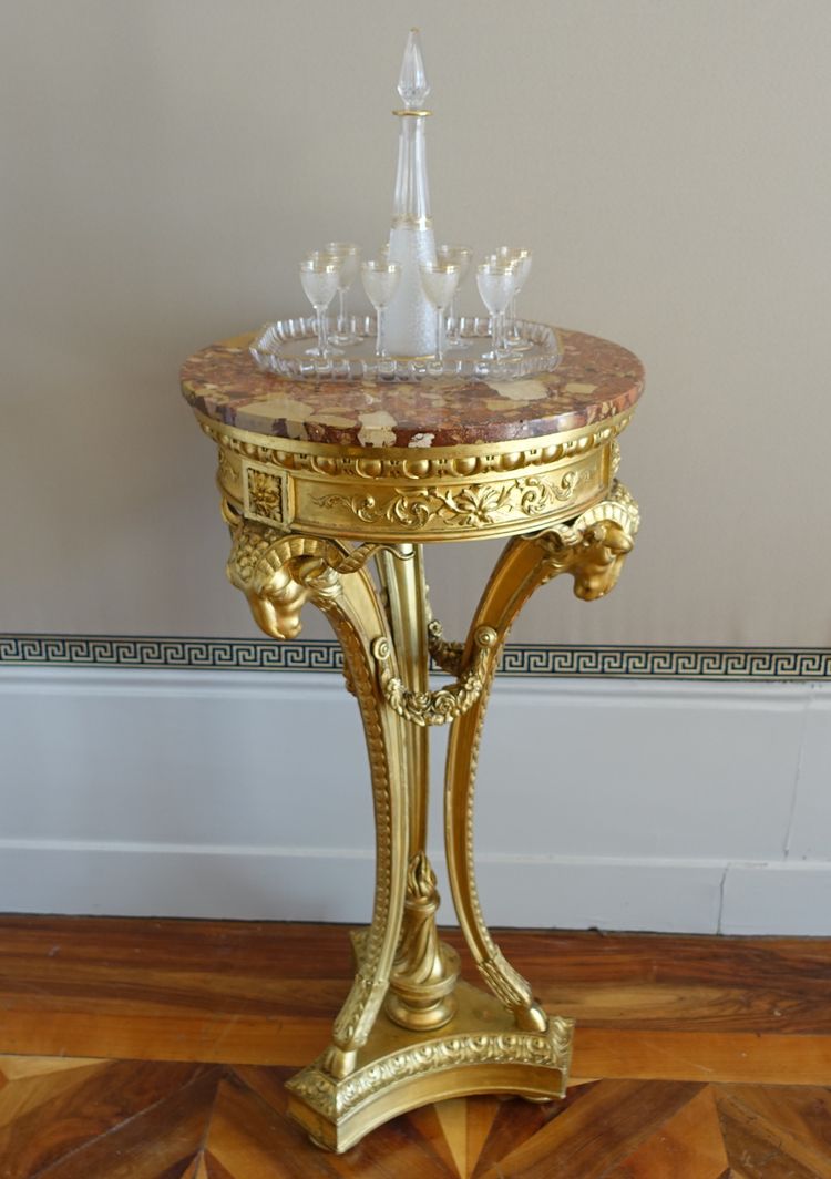 Saint Louis crystal liqueur service with frosted and gilded effect: decanters, glasses and tray