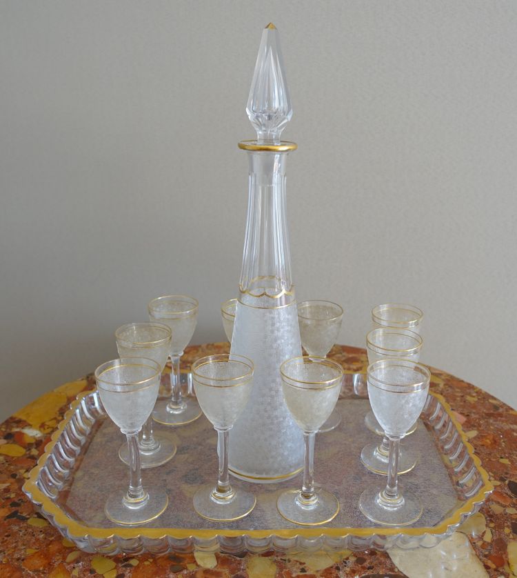 Saint Louis crystal liqueur service with frosted and gilded effect: decanters, glasses and tray