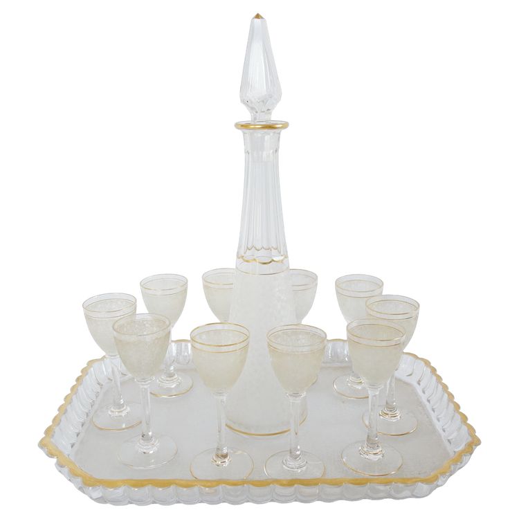 Saint Louis crystal liqueur service with frosted and gilded effect: decanters, glasses and tray
