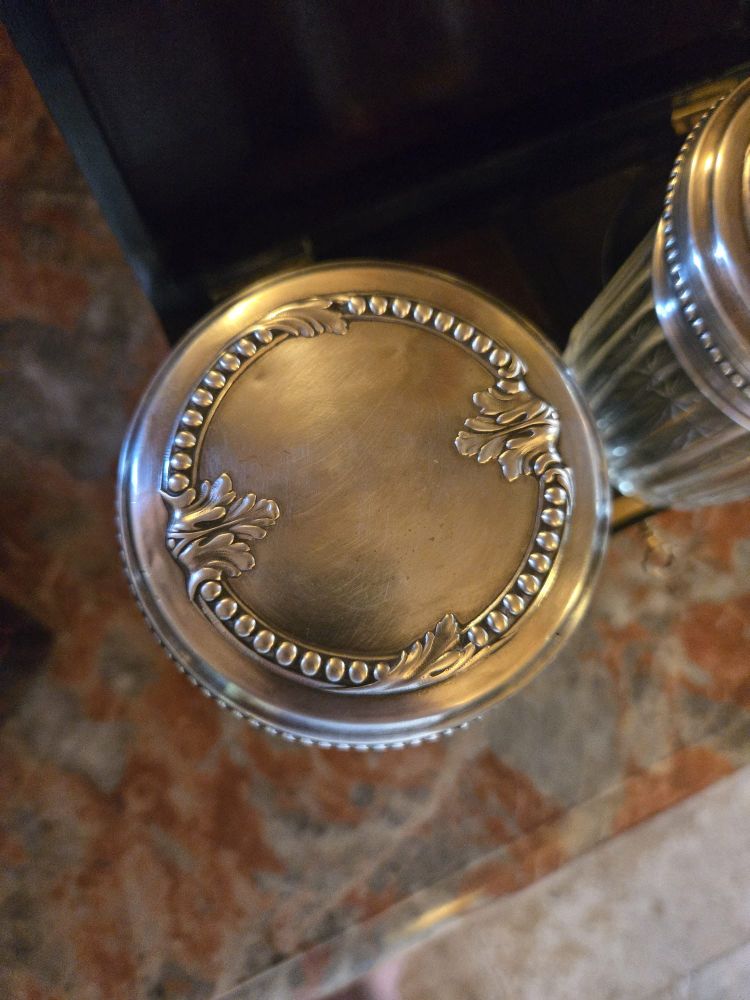 Ointment box in blackened wood and brass, cut crystal and sterling silver.