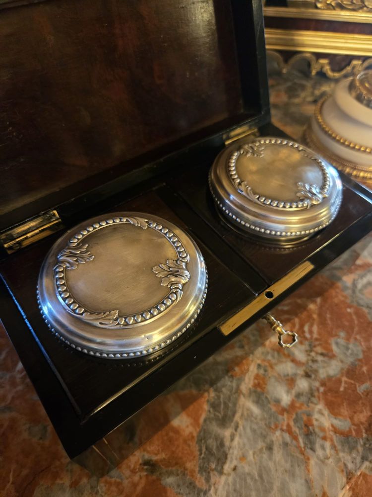 Ointment box in blackened wood and brass, cut crystal and sterling silver.