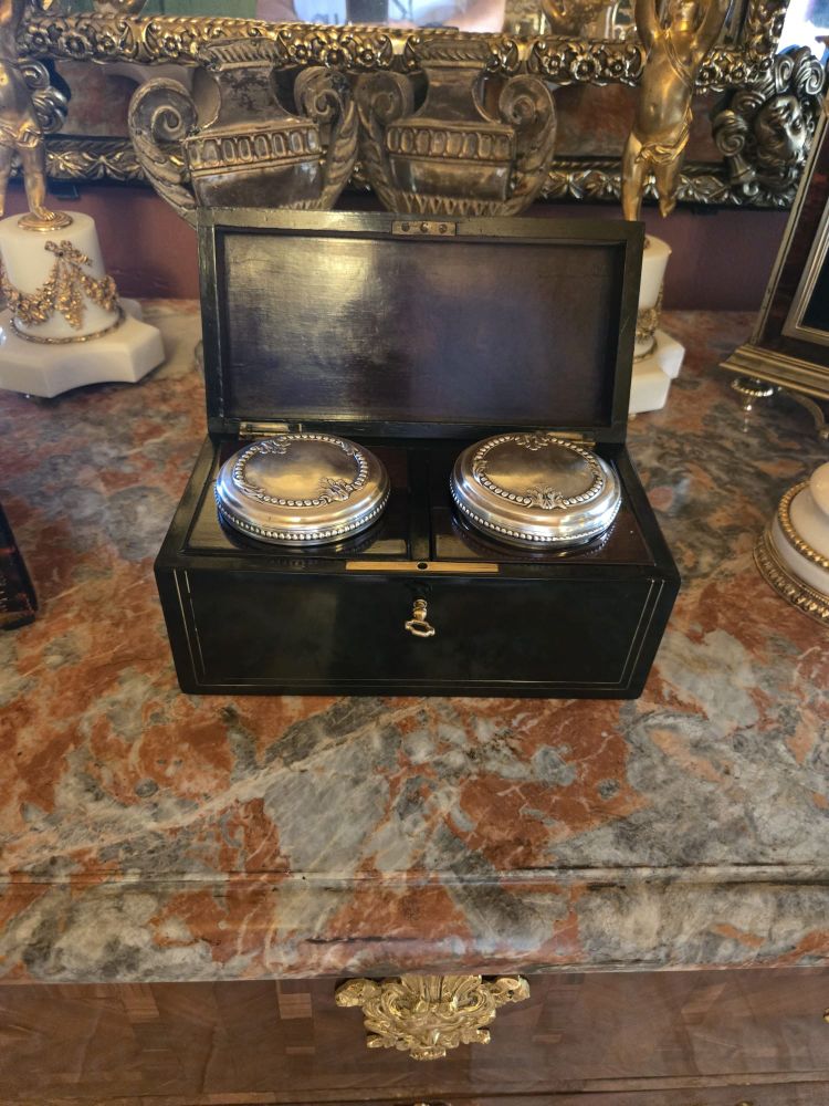 Ointment box in blackened wood and brass, cut crystal and sterling silver.