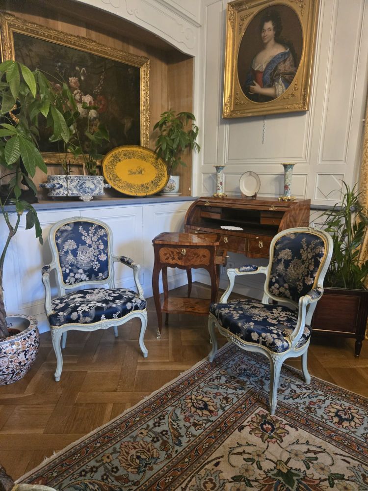 Pair of Louis XV period cabriolet armchairs in lacquered beech.