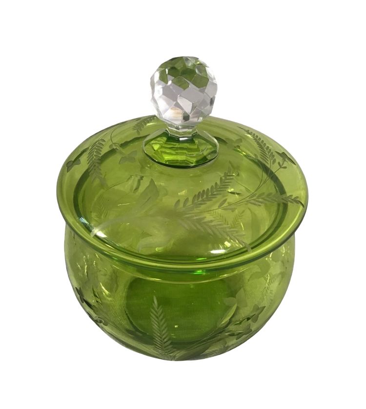 Bonbonnière En Cristal Vert Taillé, 20ème