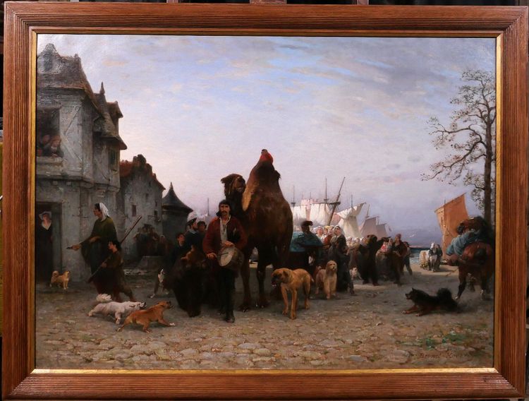 P.-A. Brunet-Houard 1827-1922 Tsiganes débarquant avec leurs animaux en Bretagne, tableau, 1873