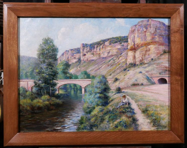 Auguste GAUDIBERT 1865-1908 Borgogna, Yonne, Arcy-sur-Cure, paesaggio, dipinto 1900 ca.