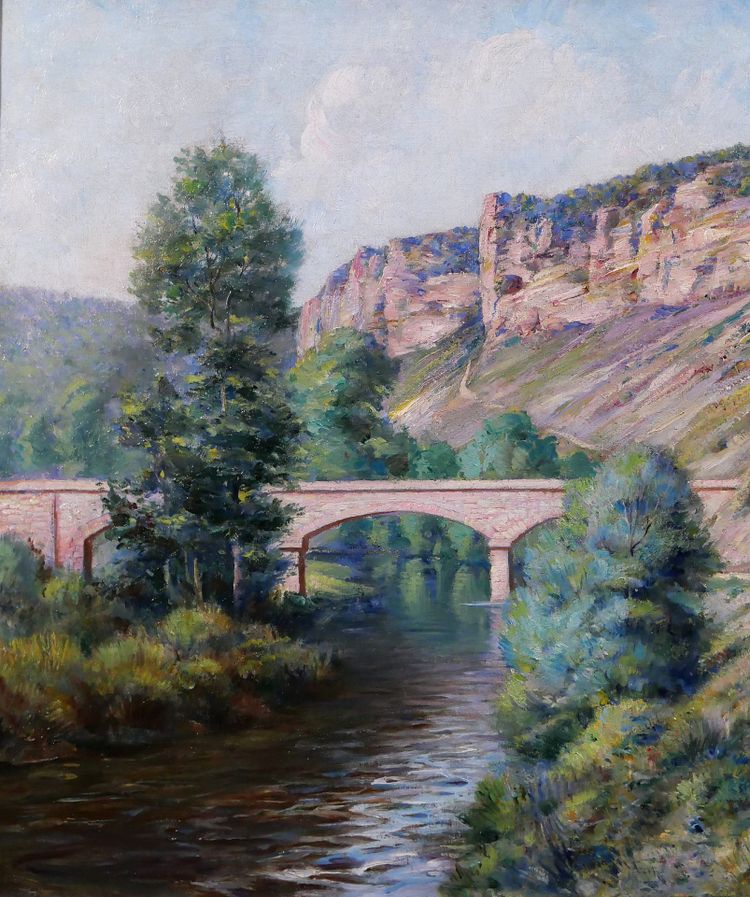 Auguste GAUDIBERT 1865-1908 Borgogna, Yonne, Arcy-sur-Cure, paesaggio, dipinto 1900 ca.