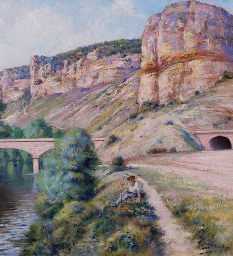 Auguste GAUDIBERT 1865-1908 Borgogna, Yonne, Arcy-sur-Cure, paesaggio, dipinto 1900 ca.