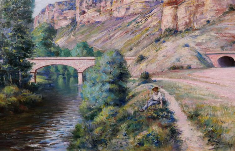 Auguste GAUDIBERT 1865-1908 Borgogna, Yonne, Arcy-sur-Cure, paesaggio, dipinto 1900 ca.