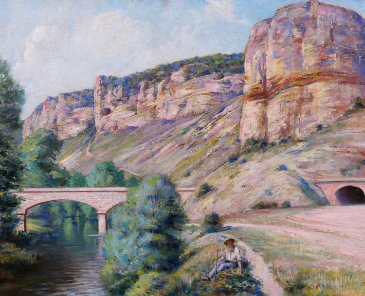Auguste GAUDIBERT 1865-1908 Borgogna, Yonne, Arcy-sur-Cure, paesaggio, dipinto 1900 ca.