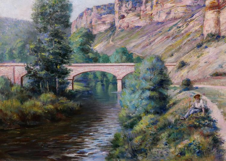 Auguste GAUDIBERT 1865-1908 Borgogna, Yonne, Arcy-sur-Cure, paesaggio, dipinto 1900 ca.