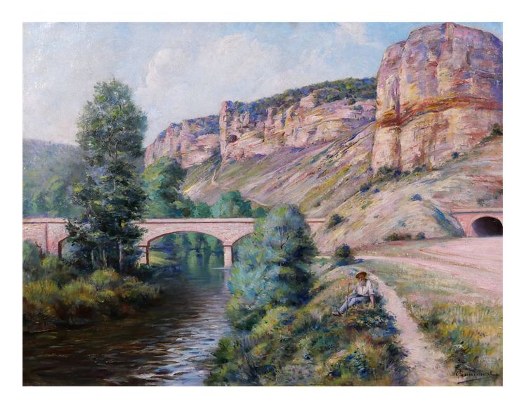 Auguste GAUDIBERT 1865-1908 Borgogna, Yonne, Arcy-sur-Cure, paesaggio, dipinto 1900 ca.