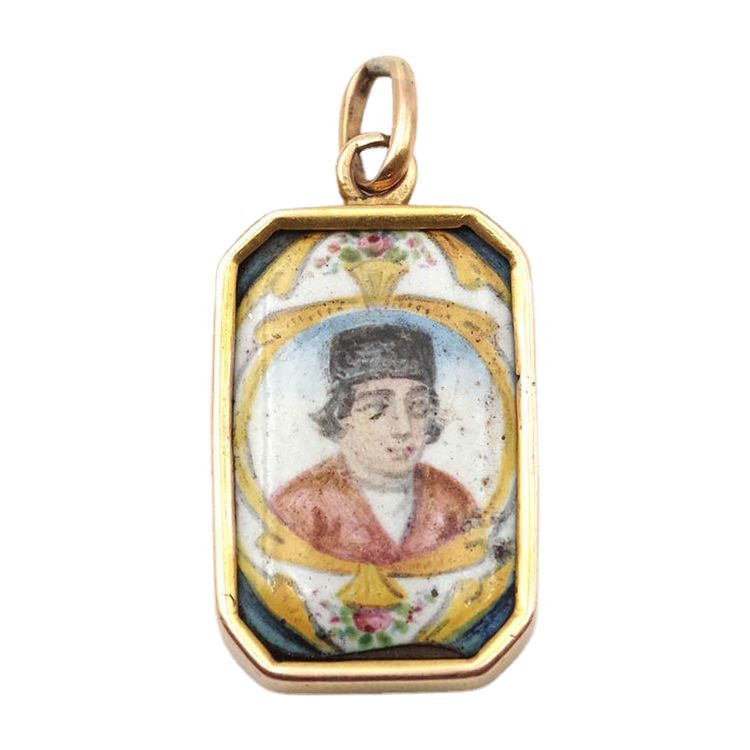 Pendentif portrait Qadjar en or 18k, portrait émail, Shah Qadjar, Ahmad Shah Qadjar 