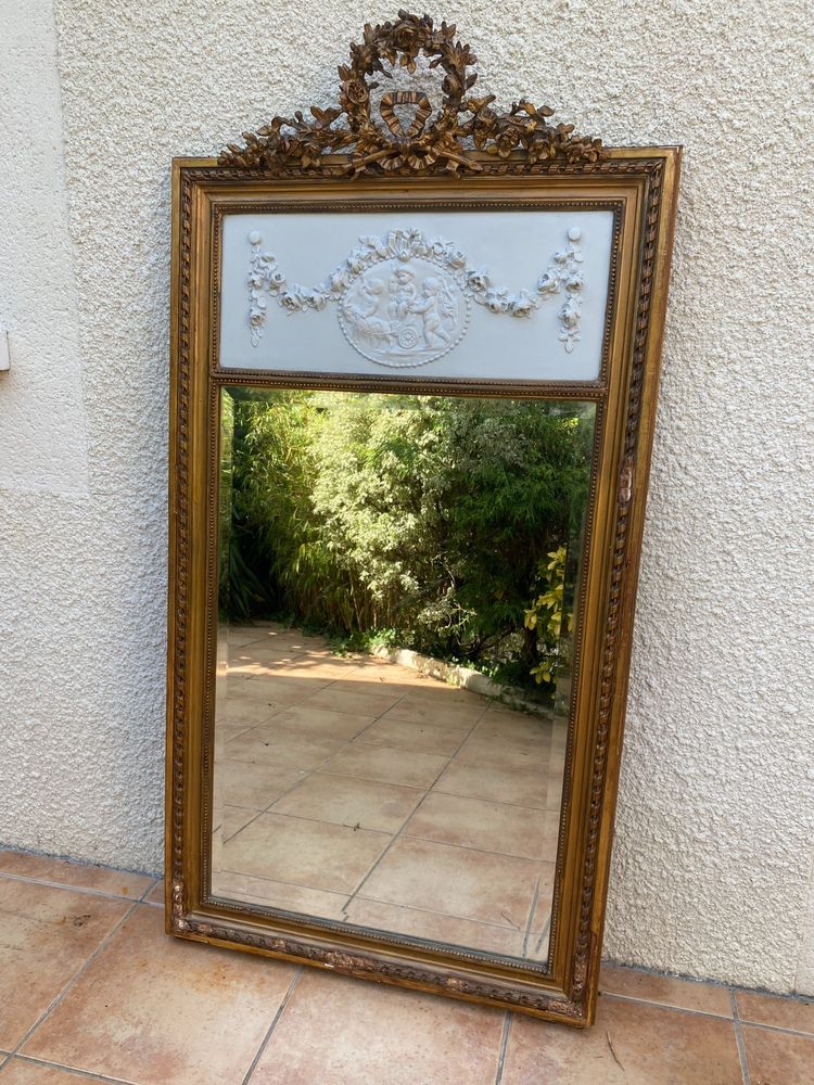 Specchio sovramantello in stile Luigi XVI in legno dorato con foglia d'oro, 74x150cm