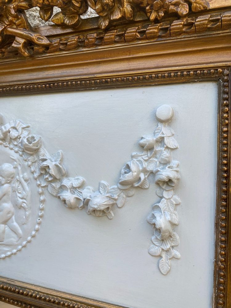 Specchio sovramantello in stile Luigi XVI in legno dorato con foglia d'oro, 74x150cm