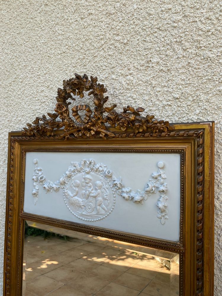 Specchio sovramantello in stile Luigi XVI in legno dorato con foglia d'oro, 74x150cm