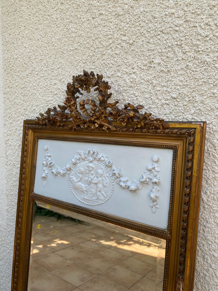 Specchio sovramantello in stile Luigi XVI in legno dorato con foglia d'oro, 74x150cm
