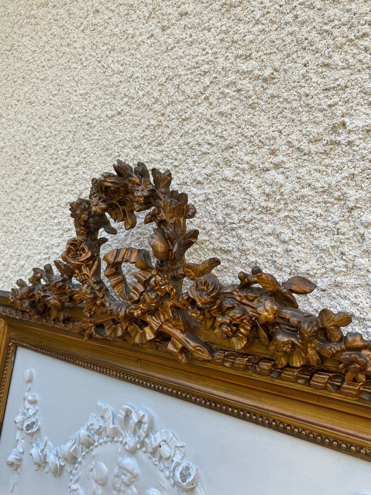 Specchio sovramantello in stile Luigi XVI in legno dorato con foglia d'oro, 74x150cm