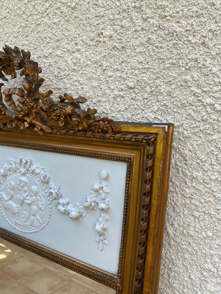 Specchio sovramantello in stile Luigi XVI in legno dorato con foglia d'oro, 74x150cm