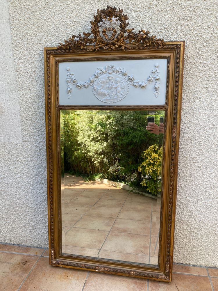 Specchio sovramantello in stile Luigi XVI in legno dorato con foglia d'oro, 74x150cm