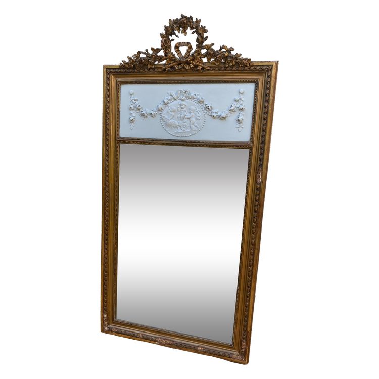 Specchio sovramantello in stile Luigi XVI in legno dorato con foglia d'oro, 74x150cm